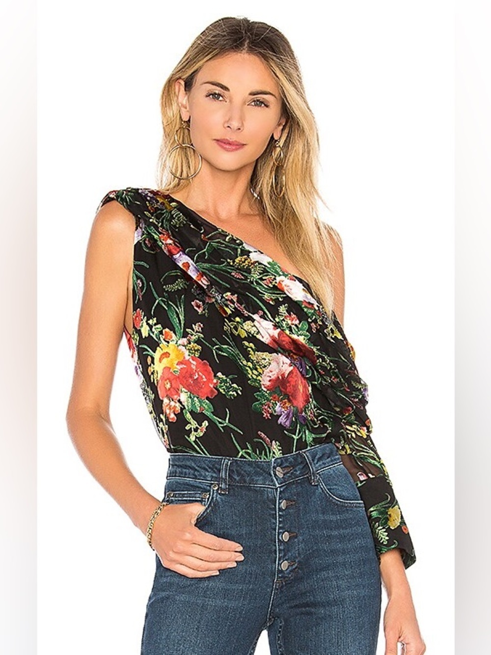 Alice + Olivia Serita Drape One Should Blouse in Blooming Bouquet XS